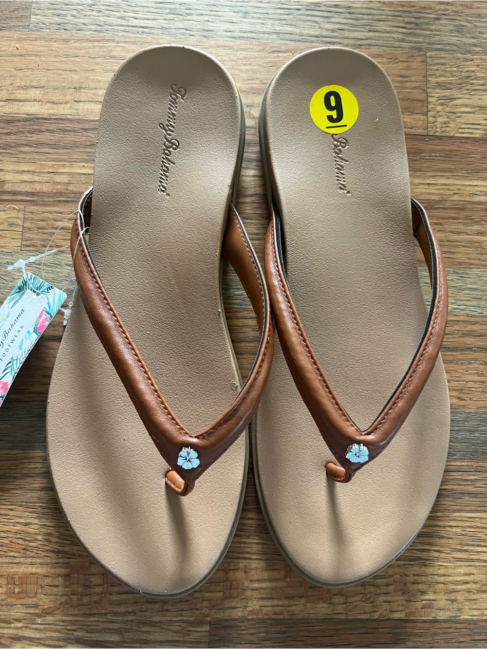 Tommy Bahama Tan Footbed Brown Leather Thong Sandals with Flower Accent